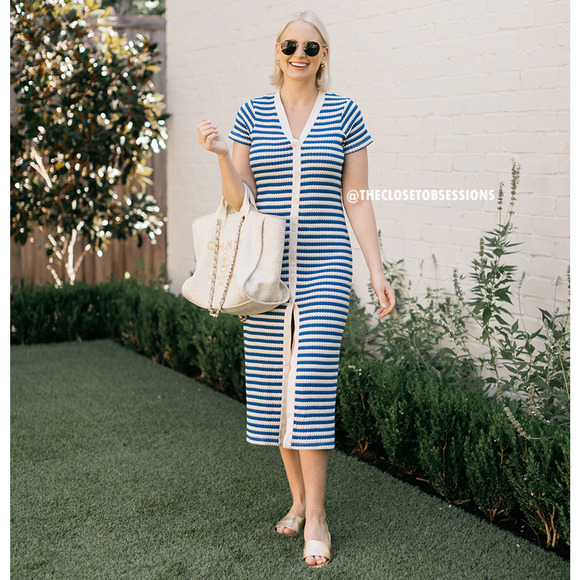 MANGO BLOGGER FAVE!!! Striped Knit Midi Dress NWT | Blue White Size 8 - Picture 13 of 16